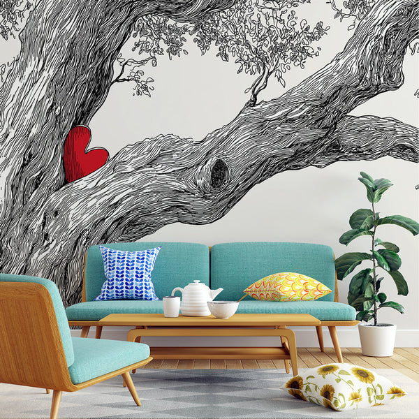 Heart Tree Wallpaper | Black and White Branches with Red