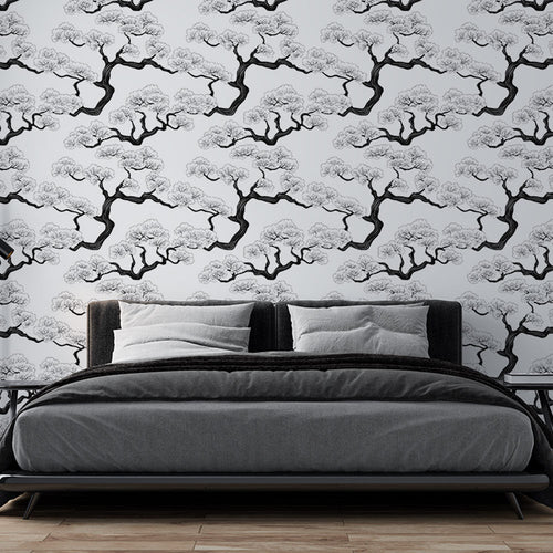 Black and white tree wallpaper contemporary stylised branches and foliage