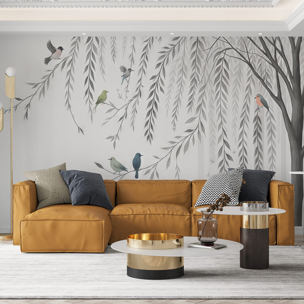 Tree Wallpaper | Black White Leaves Colorful Bird Mural