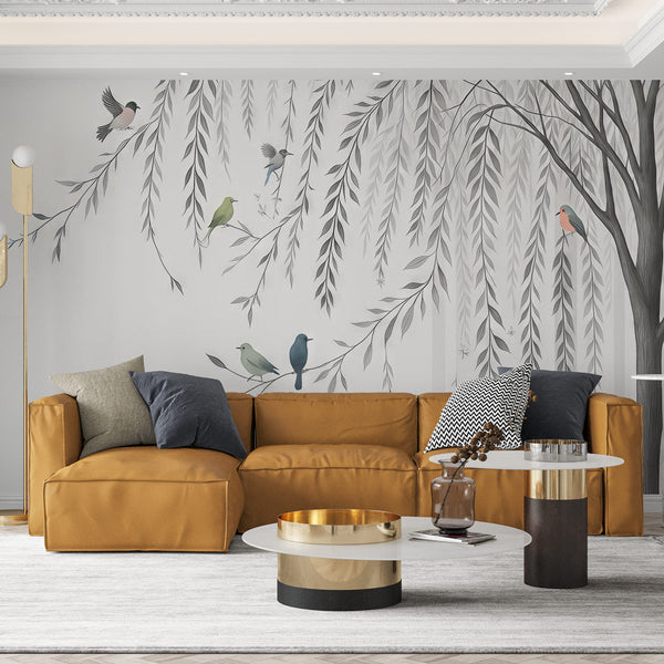 Tree Wallpaper | Black White Leaves Colorful Bird Mural