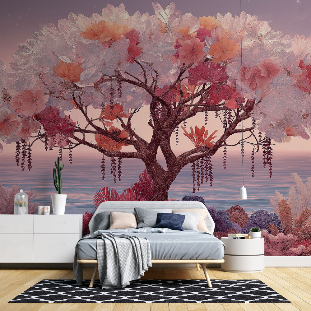 Floral Tree Wallpaper | Pastel Blossoms Over Sea Wall Mural