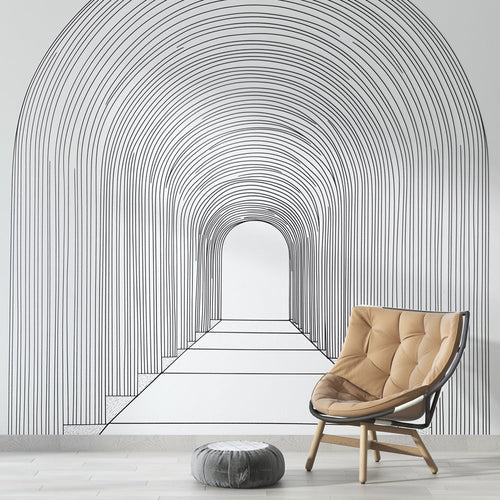 Minimalist linear arch tunnel wallpaper in black and white perspective