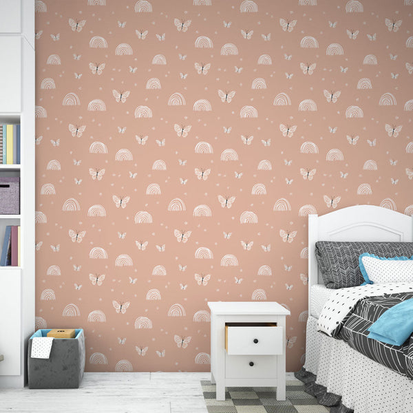 Rainbow and Butterfly Wallpaper | Pink Pastel Wall Mural