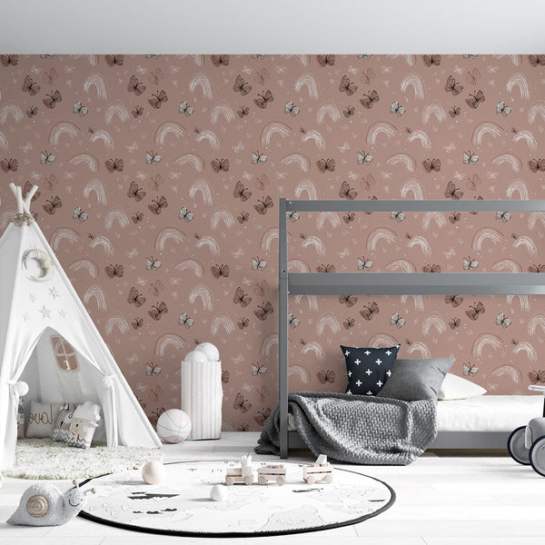 Butterfly and Rainbow Wallpaper | Pastel Motifs on Soft Pink