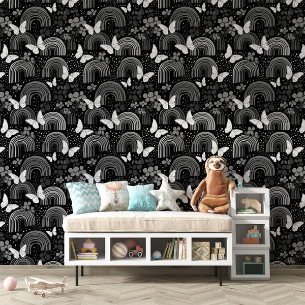 Rainbow and Butterfly Wallpaper | Vintage Motifs on Black