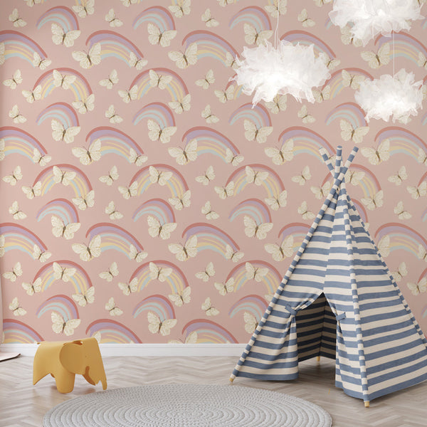 Rainbow and Butterfly Wallpaper | Pastel Arcs on Soft Pink