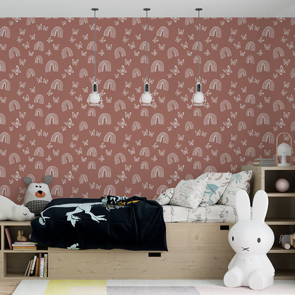 Rainbow Butterfly Wallpaper | Pastel Motifs on Terracotta Pink