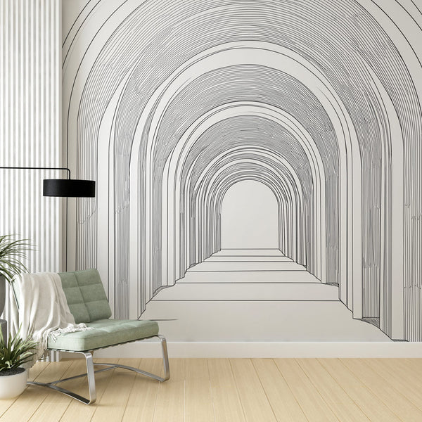 Minimalist Arches Wallpaper | Delicate Black Contours White Mural