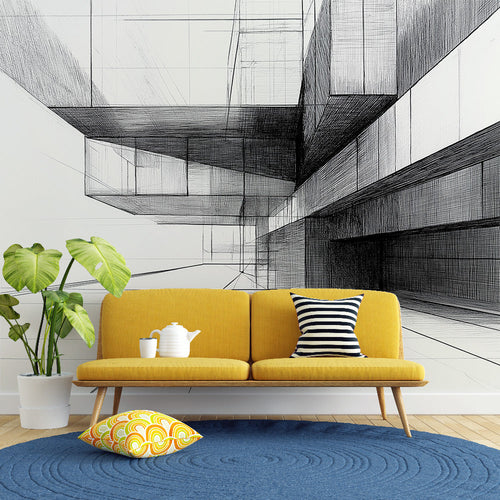 Architectural wallpaper with geometric perspectives in black and white contrast