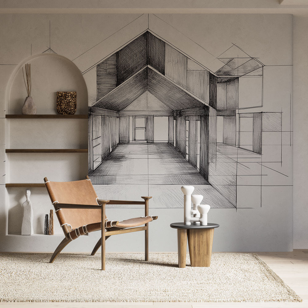 Architecture Wallpaper | Minimalist Interior Sketch Mural