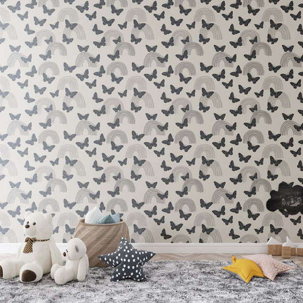Rainbow & Butterfly Wallpaper | Black Butterflies on Cream