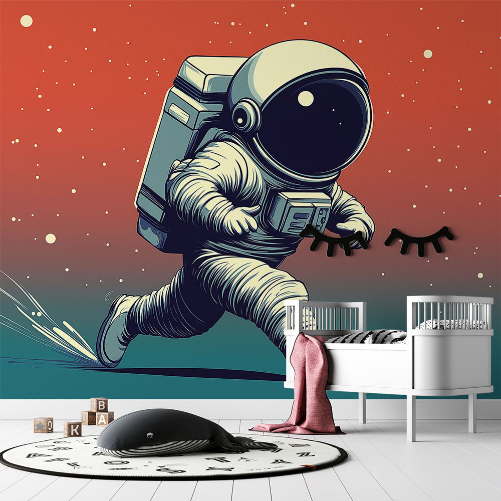 Running Astronaut Wallpaper | Vibrant Space Wall Mural