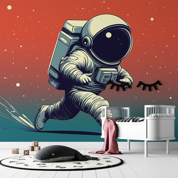 Running Astronaut Wallpaper | Vibrant Space Wall Mural