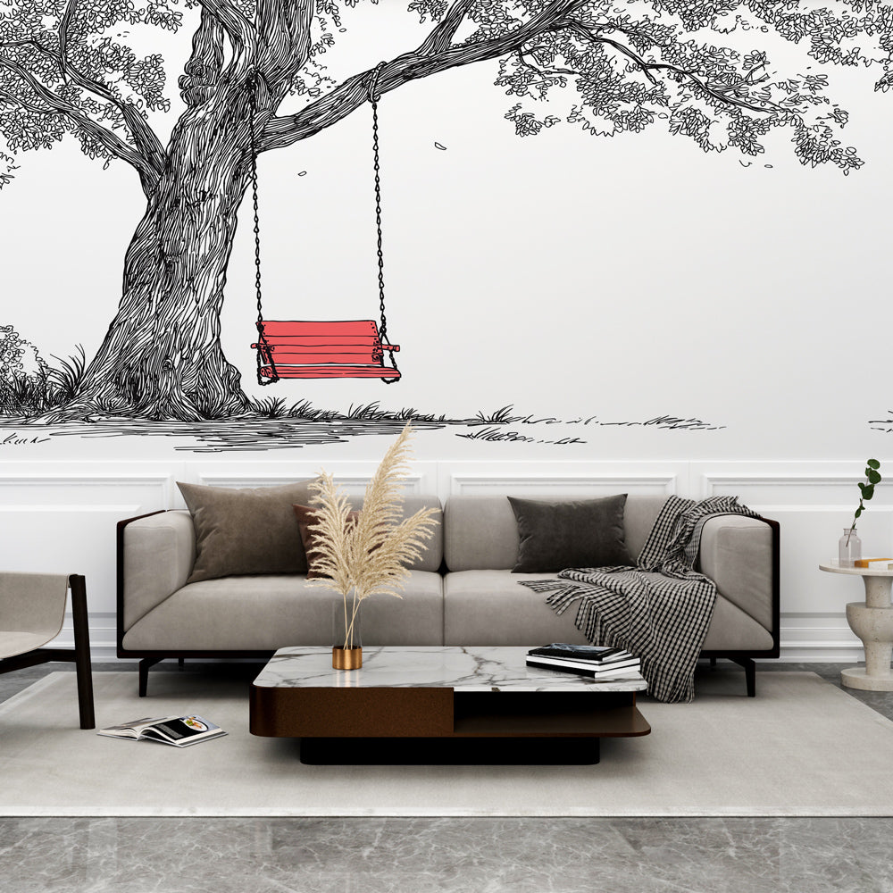 Tree Swing Wallpaper | Black and White Nature with Red