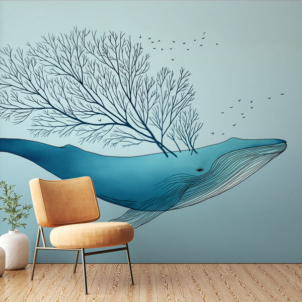 Artistic Whale Wallpaper | Tree Branch Silhouette Mural