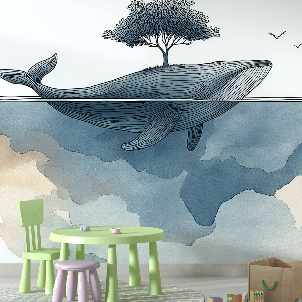 Whale Wallpaper | Whale Carrying a Tree in Watercolor Tones