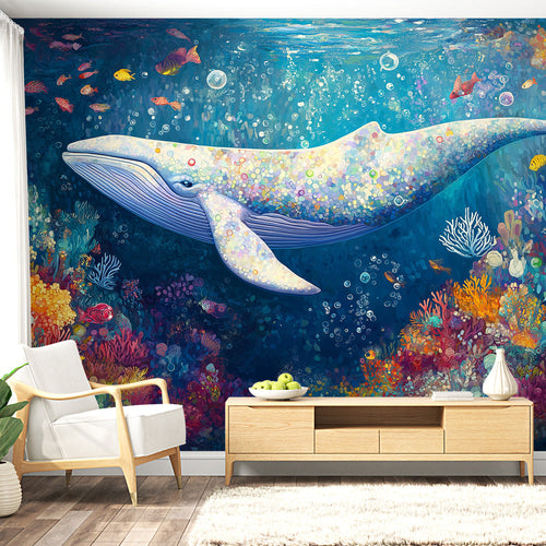 Wallpaper with colorful majestic whale swimming among vibrant multicolored corals