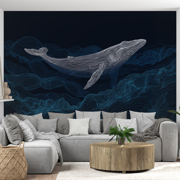 Whale Wallpaper | Stylized Whale Swimming in Abstract Waves