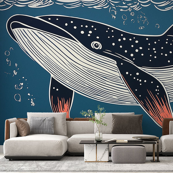 Whale Wallpaper | Artistic Whale Blue Ocean Mural