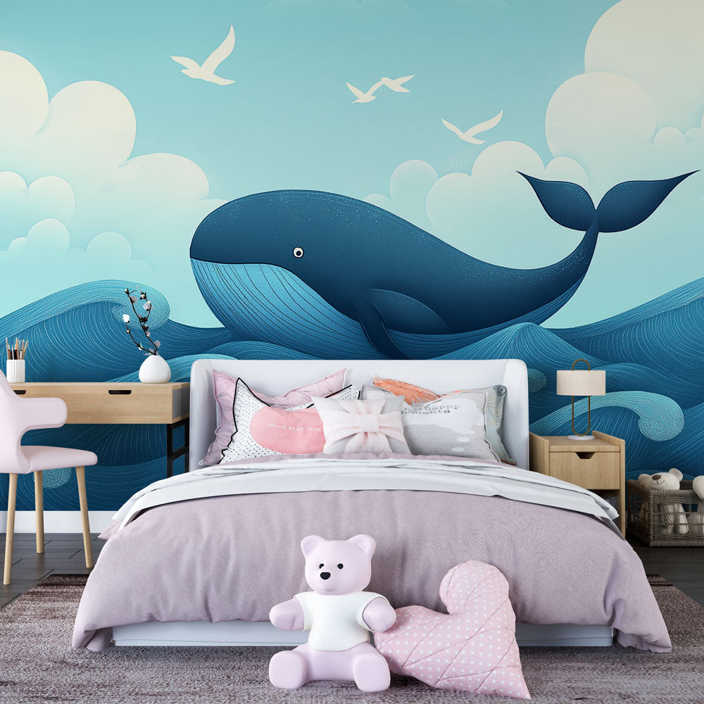 Whale Wallpaper | Blue Whale in Vibrant Waves Mural