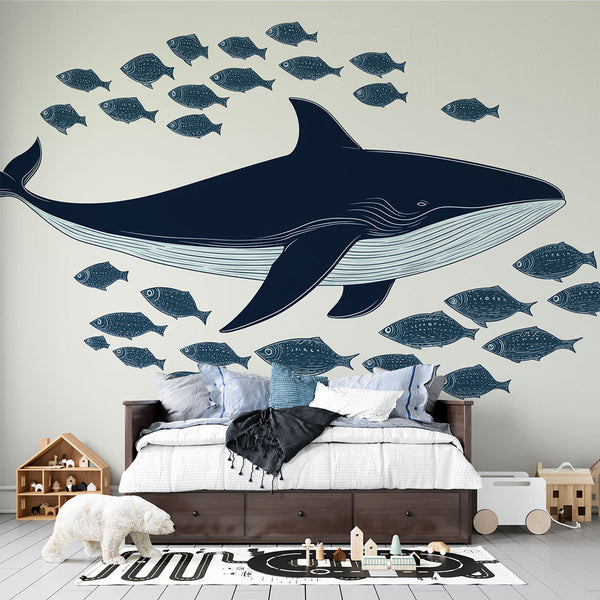 Whale Wallpaper | Cetacean Among Stylized Fish School