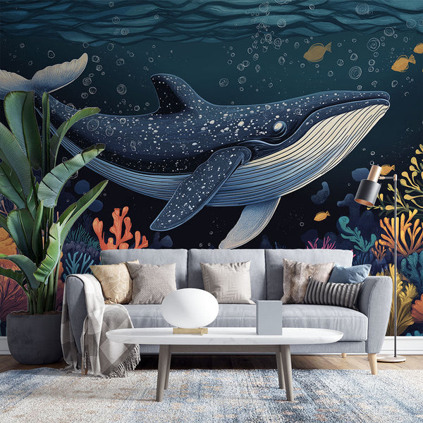 Whale Wallpaper | Elegant Whale Among Corals Mural