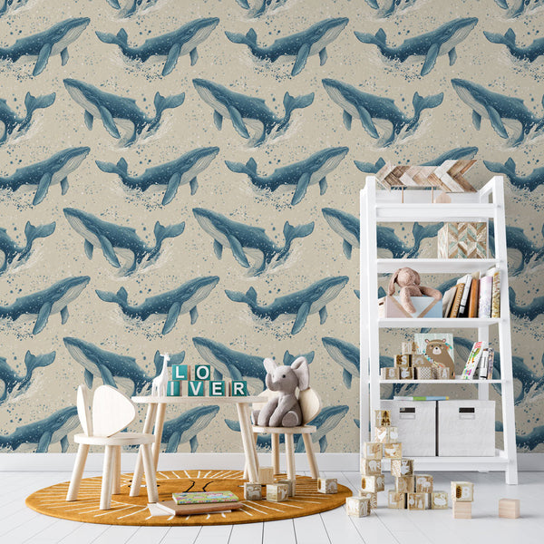 Whale Wallpaper | Navy Whales on Sand Wall Mural