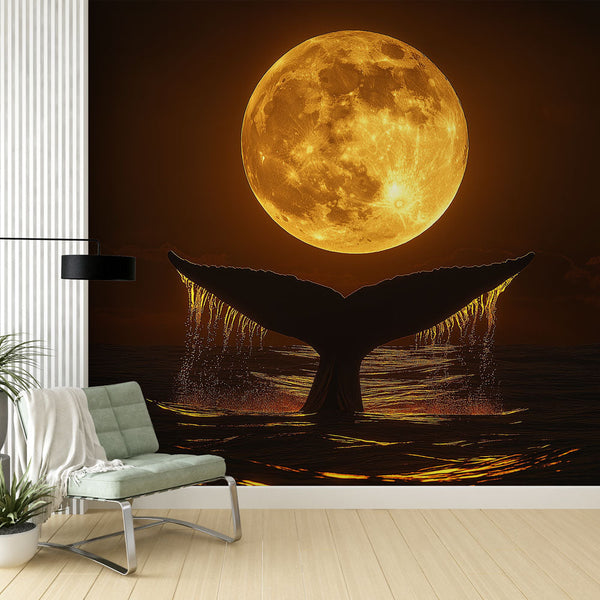 Whale Wallpaper | Ocean Full Moon Scene Wall Mural