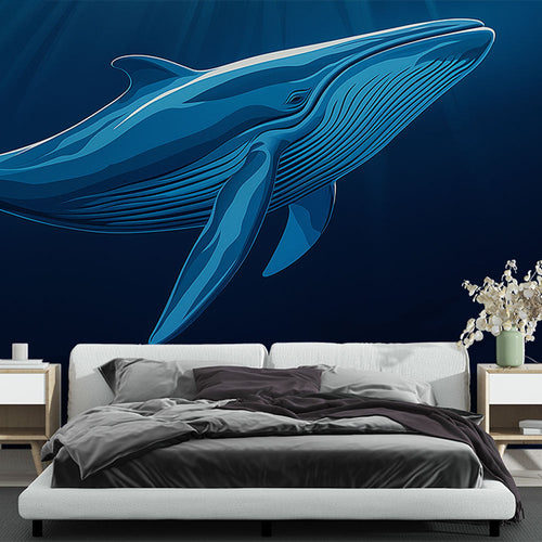 Blue whale wallpaper stylized silhouette swimming through deep cobalt minimalist ocean depths