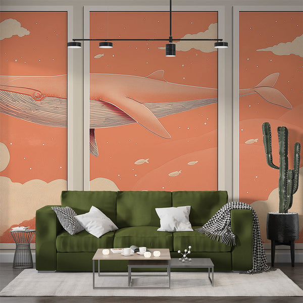 Majestic Whale In Coral Sky Wallpaper Wall Mural