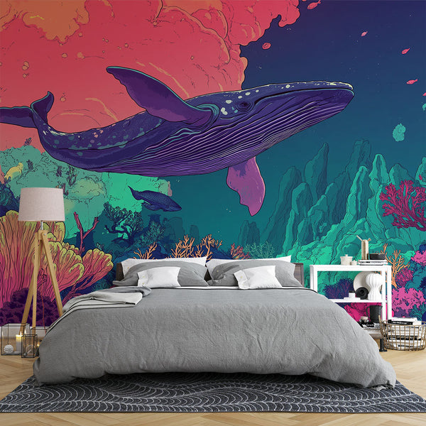 Whale Wallpaper | Whale Among Colorful Corals Mural