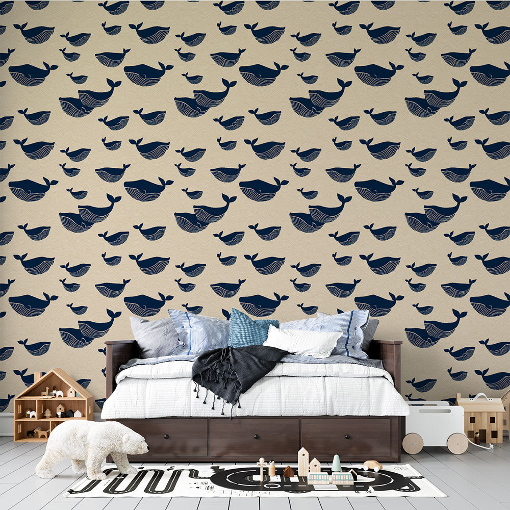 Whale Wall Mural | Fun Whale Pattern on a Warm Beige Ground