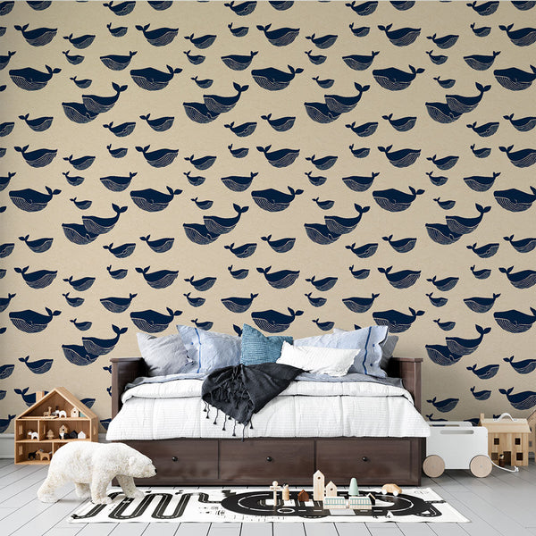 Whale Wall Mural | Fun Whale Pattern on a Warm Beige Ground