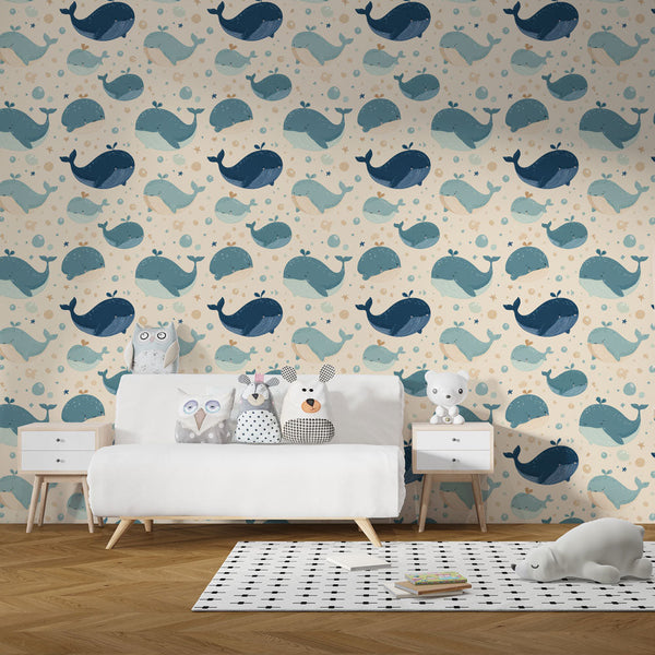Whale Wallpaper | Playful Blue Whales, Bubbles and Stars