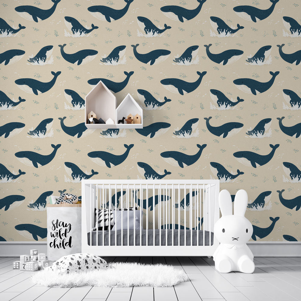 Whale Wallpaper | Playful Blue and Beige Wall Mural