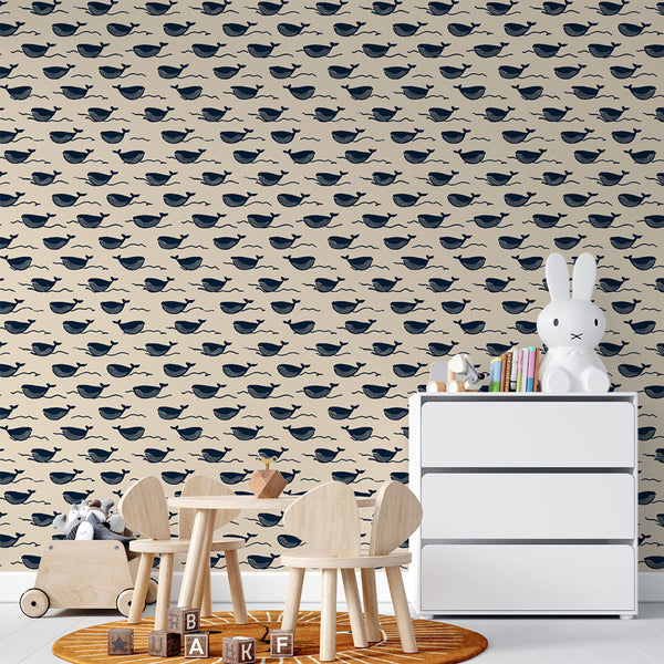Whale Wallpaper | Playful Blue Whales on a Beige Backdrop