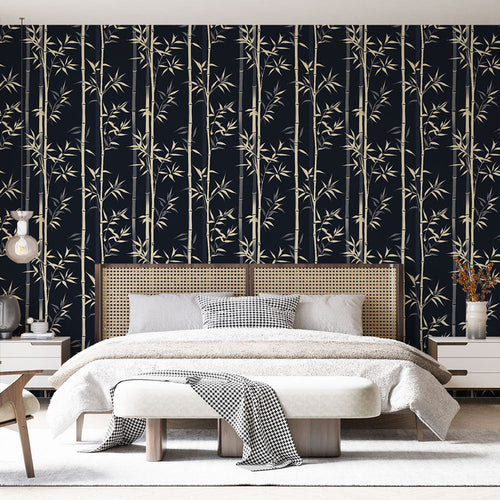 Bamboo wallpaper with white stalks and leaves on deep black background