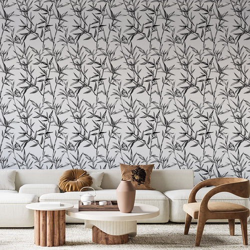 Black and white bamboo wallpaper elegant vertical stalks on pale light ground
