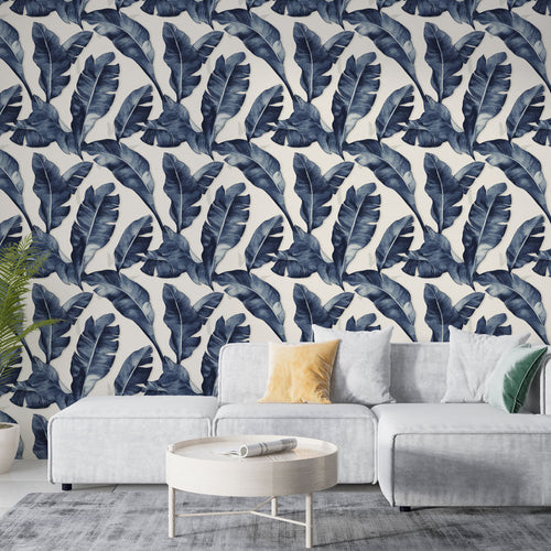 Banana tree wallpaper navy blue leaves on light bright airy background tropical decor