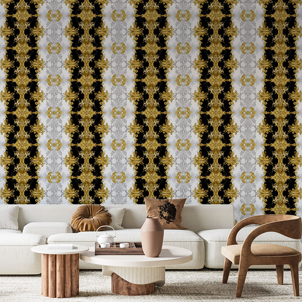 Baroque Wallpaper | Gold, Black & White Elegant Mural