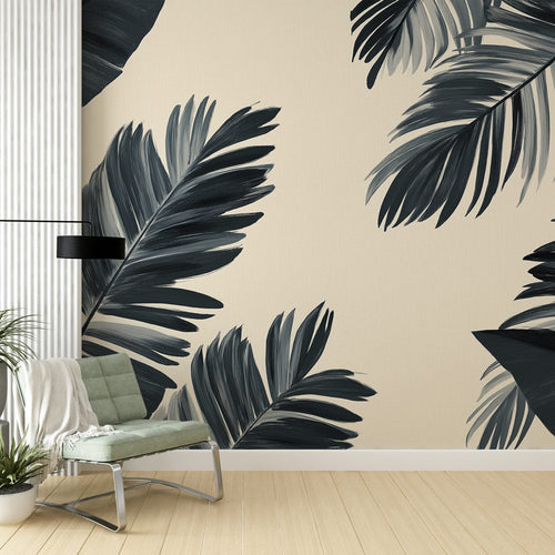 Beige wallpaper with bold black and white tropical leaves for contemporary interiors