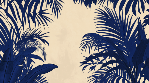 Beige Wallpaper with Dark Blue Tropical Plant Outlines