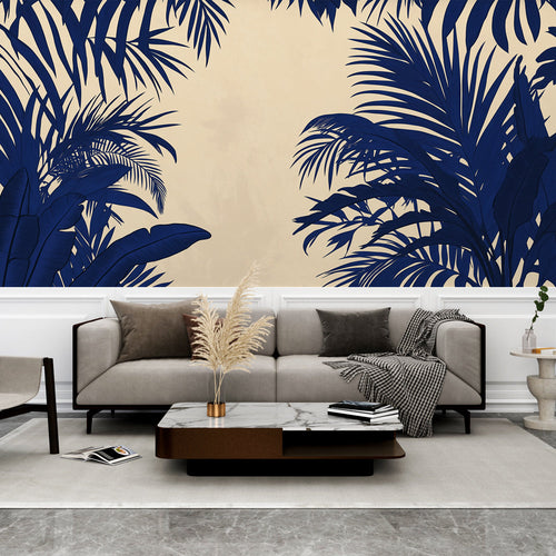 Beige wallpaper with dark blue tropical plant silhouettes, graphic wall mural for entryway
