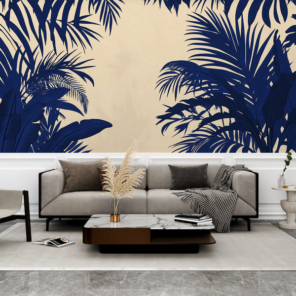 Beige Wallpaper with Dark Blue Tropical Plant Outlines
