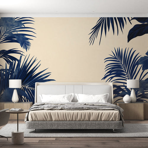 Beige wallpaper with navy blue tropical foliage, coastal wall mural for seaside home