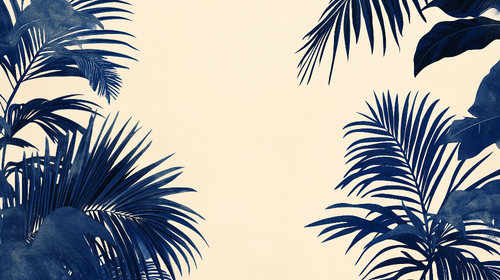 Beige Wallpaper with Navy Blue Tropical Foliage
