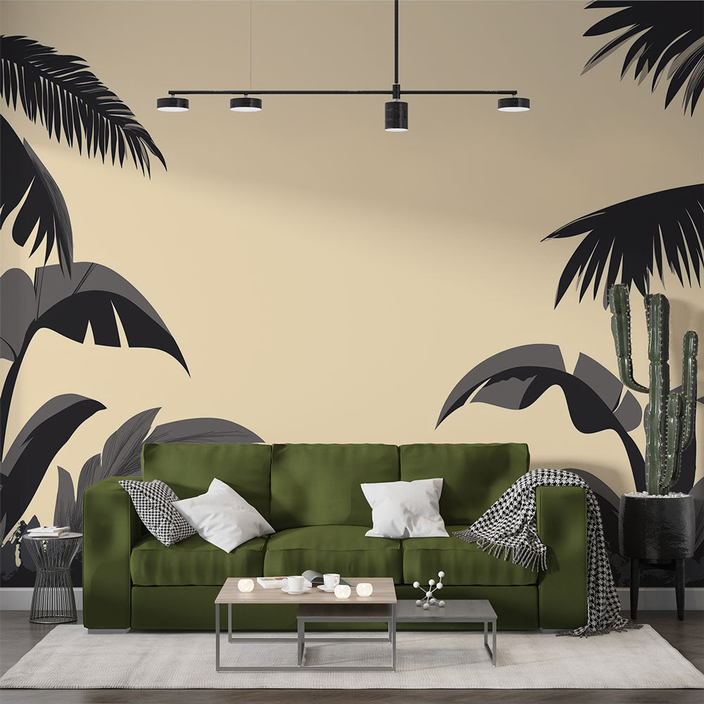 Beige Wallpaper with Black & White Tropical Plant Motif