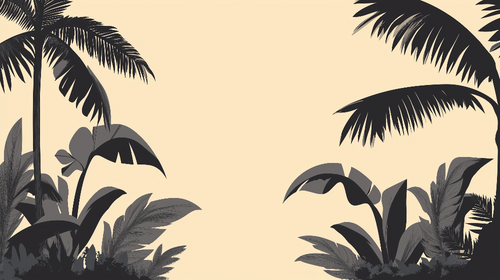 Beige Wallpaper with Black & White Tropical Plant Motif