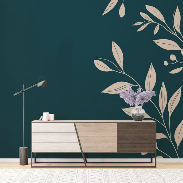 Teal Wallpaper | Delicate Floral Foliage Dark Mural