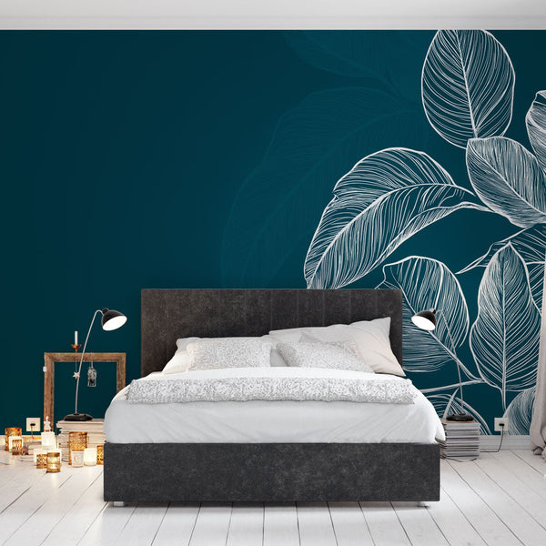 Teal Foliage Wallpaper | Elegant White Leaf Wall Mural